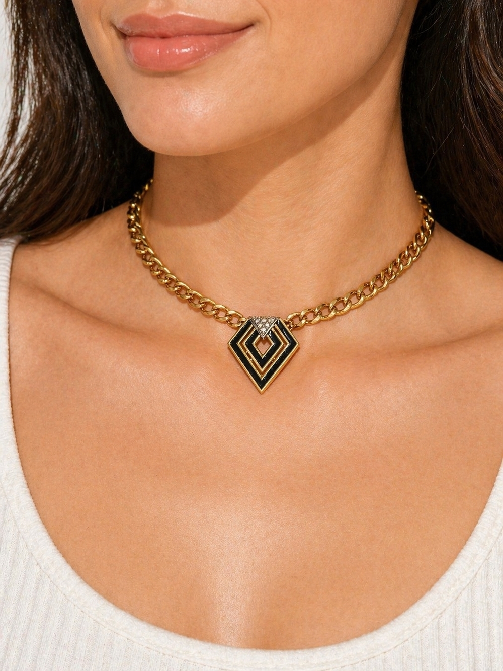 1979 Givenchy Vintage Gold Chain Choker Necklace Black Enamel Crystal Pendant